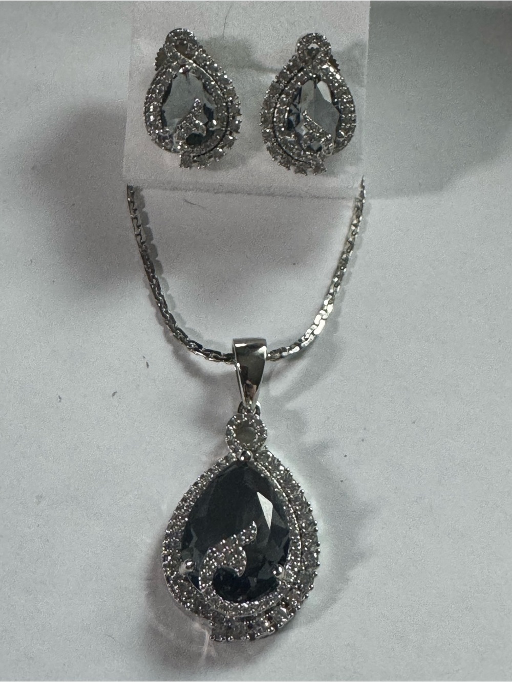 Silver-Tone Clear Smoky Coloured Teardrop Necklace & Earring Set